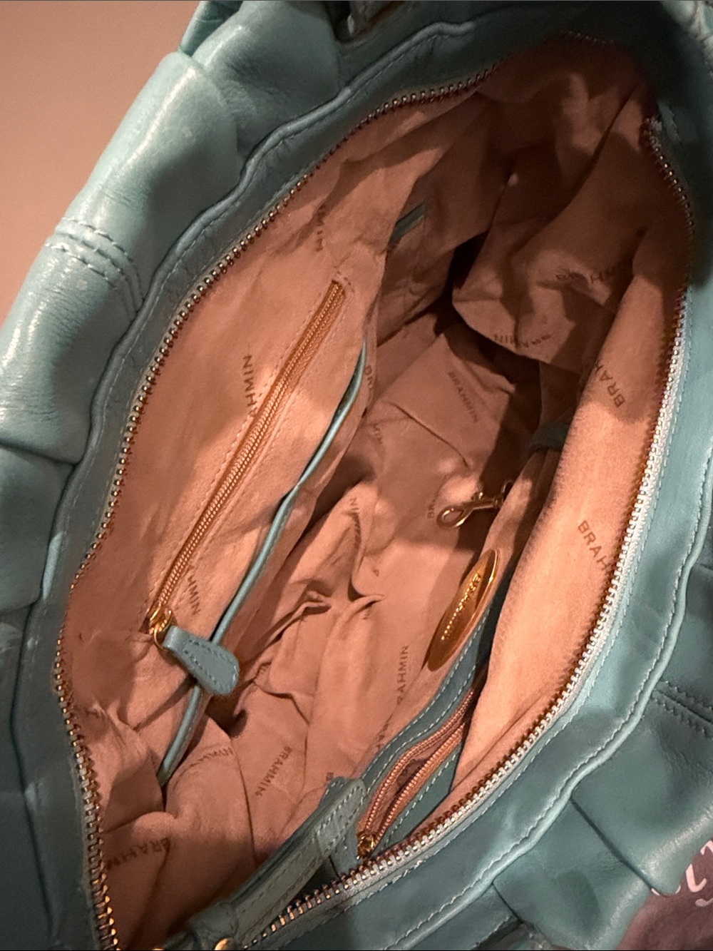 Brahmin Turquoise Leather Tote with Gold Hardware - Picture 5 of 7